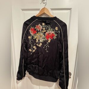 Blank NYC Vintage Y2K Black and Red Bomber Jacket with Floral Embroidery M